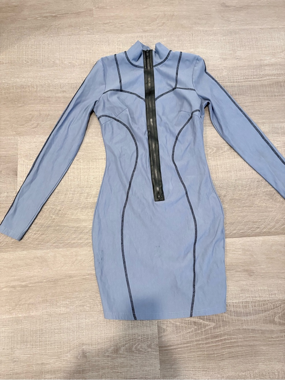 Fashion Nova Long Sleeve Light Blue Bodycon Dress with Front Zip